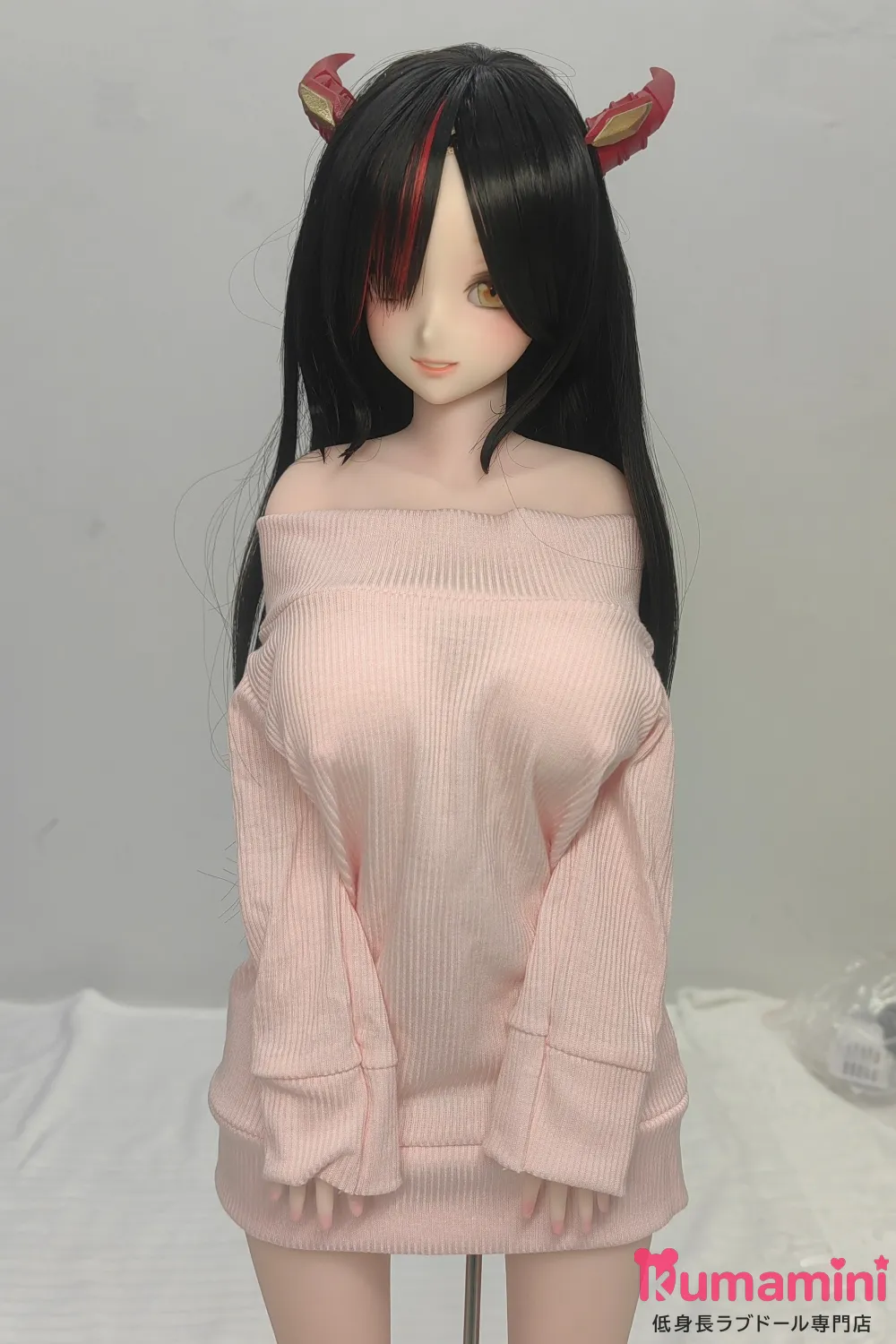 【即納・国内発送・送料無料】Mini Doll ミニドール セックス可能 60cm バスト普通 PVCヘッド＋シリコン製ボディ 腓特烈大帝 アニメフェイスドール  鬼角アクセ付き黒髪ロングのアニメフェイス美少女ラブドール