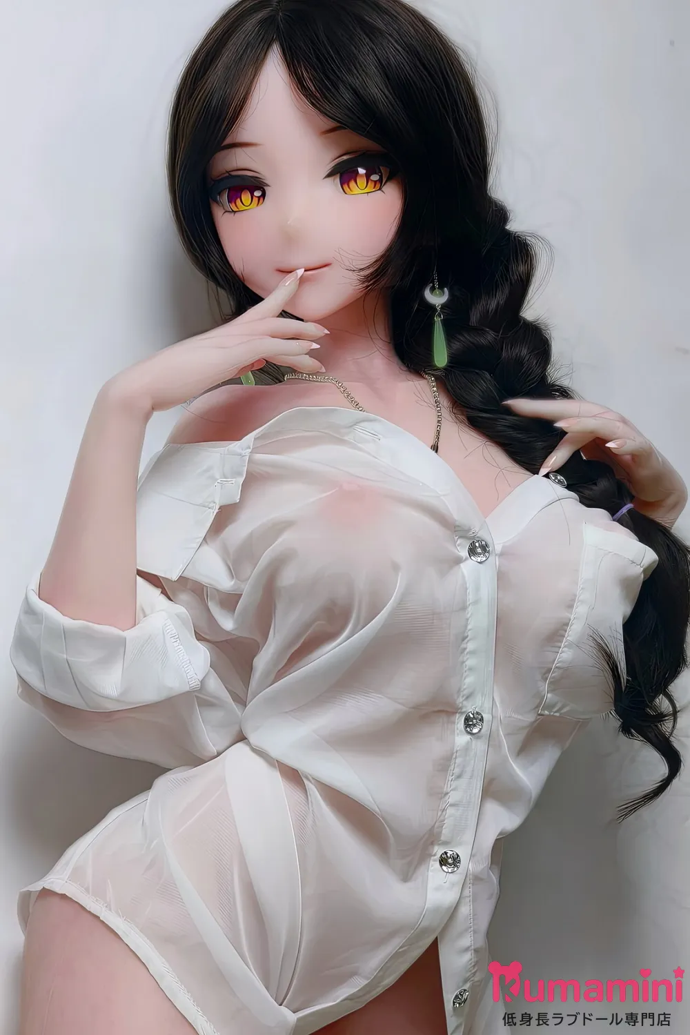 Elsa Babe AHR019 水田新奈Mizuta Nina 黒髪 編み込みスタイル イエローアイ 透け感シャツ 大人可愛いアニメ風ラブドール 宣材写真は140cm M ピンク肌 ボディー材質選択可能