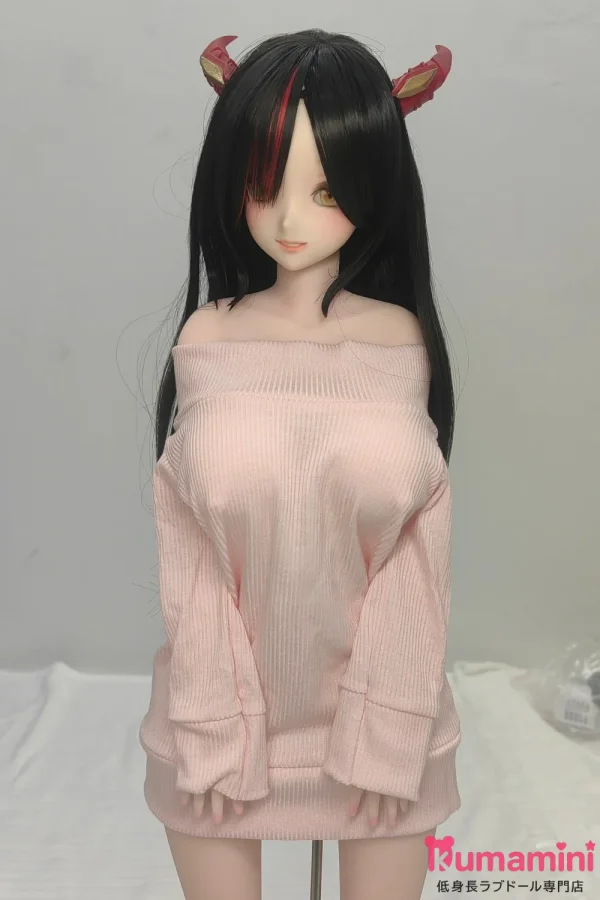 【即納・国内発送・送料無料】Mini Doll ミニドール セックス可能 60cm バスト普通 PVCヘッド＋シリコン製ボディ 腓特烈大帝 アニメフェイスドール  鬼角アクセ付き黒髪ロングのアニメフェイス美少女ラブドール