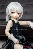 銀髪アニメラブドール 黒ドレス 座りポーズ 赤目 上半身