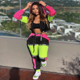 Letter Print Patchwork Hooded Two Piece Set LA-3068