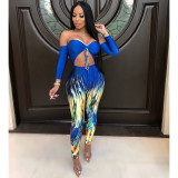 Sexy Pritned Strapless Wrap Chest Jumpsuits With Sleeve NIK-035