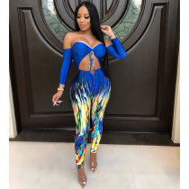 Sexy Pritned Strapless Wrap Chest Jumpsuits With Sleeve NIK-035