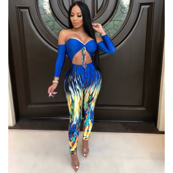 Sexy Pritned Strapless Wrap Chest Jumpsuits With Sleeve NIK-035
