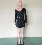 Black Off Shoulder Double Breasted Belt Bandage Dress BN-9136