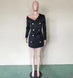 Black Off Shoulder Double Breasted Belt Bandage Dress BN-9136