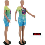 Plus Size Casual Printed Tees And Shorts 2 Piece Sets YH-5073