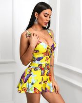 Butterfly Print Tie Up Straps Big Swing Mini Dresses HM-6115