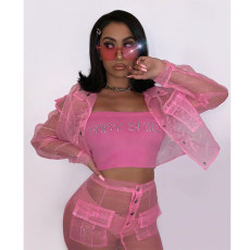 Solid Organza Perspective Button Up Two Piece Mini Skirt Set BN-9184