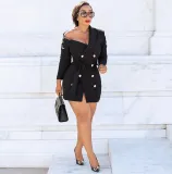 Black Off Shoulder Double Breasted Belt Bandage Dress BN-9136