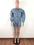 Plus Size Denim Long Sleeve Button Belted Jeans Playsuit LA-3122