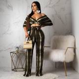 Sexy Striped V Neck Off Shoulder Wide Leg Pants Suit BS-1075