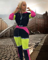 Letter Print Patchwork Hooded Two Piece Set LA-3068