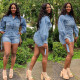 Plus Size Denim Long Sleeve Button Belted Jeans Playsuit LA-3122