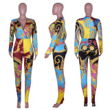 Retro Print Deep V Neck Long Sleeve One Piece Jumpsuits NIK-027