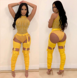 Punk Rock Metal Buckle Hollow Stacked Pencil Pants BN-9151