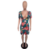 Floral Print Sexy Deep V Backless Mini Mermaid Dress BS-1021