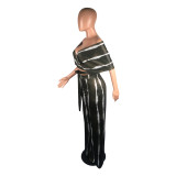 Sexy Striped V Neck Off Shoulder Wide Leg Pants Suit BS-1075