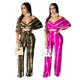 Sexy Striped V Neck Off Shoulder Wide Leg Pants Suit BS-1075