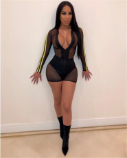 Stripe Splice Mesh See Through Skinny Playsuit LA-3087