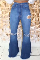 Denim Ripped Holes Jeans High Waist Flare Pants LX-8906