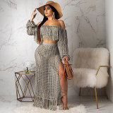 Grid Tassel Off Shoulder Split Long Skirt Sets TR-938