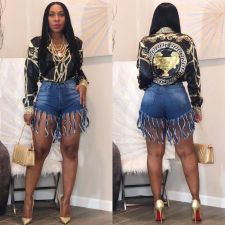 Plus Size Tassel Bodycon Jeans Shorts MOF-5067