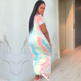Tie Dye Print Split Side Short Sleeve O Neck Maxi Dresses TE-3810
