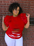 Solid Sleeveless Ruffles Sleeve Holes T Shirt LS-0267