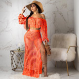 Grid Tassel Off Shoulder Split Long Skirt Sets TR-938