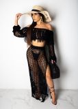 Grid Tassel Off Shoulder Split Long Skirt Sets TR-938