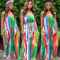 Sexy Printed Spaghetti Strap Loose Maxi Dresses SMR-9365