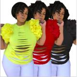 Solid Sleeveless Ruffles Sleeve Holes T Shirt LS-0267