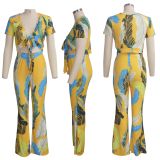 Sexy Printed Tie Up Crop Top Flares Pants 2 Piece Suits SMR-9299