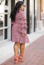 Plus Size Striped Print Full Petal Sleeve Midi Dress OY-5288