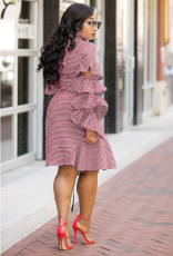 Plus Size Striped Print Full Petal Sleeve Midi Dress OY-5288
