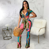 Sexy Printed Tie Up Crop Top Flares Pants 2 Piece Suits SMR-9299