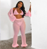 Chiffon Sexy 4 Pieces Set Crop Tops+Pants+Bra+Panty BN-9152