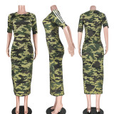 Camouflage Print Half Sleeve O Neck Slim Long Dress ASL-6168