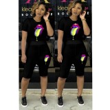 Lips Print Short Sleeve Casual Two Piece Sets LM-8056