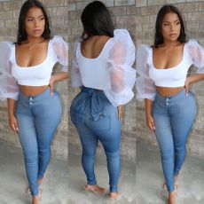 Sexy Mesh Patchwork Long Sleeve Crop Tops BS-1104