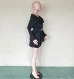 Black Off Shoulder Double Breasted Belt Bandage Dress BN-9136