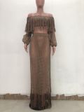 Grid Tassel Off Shoulder Split Long Skirt Sets TR-938