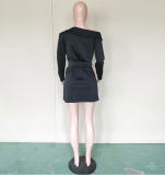 Black Off Shoulder Double Breasted Belt Bandage Dress BN-9136