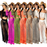 Grid Tassel Off Shoulder Split Long Skirt Sets TR-938