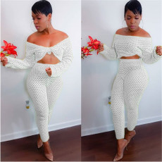 Sexy Fishnet Hollow Off Shoulder 2 Piece Pants Set MDF-5083