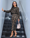 Plaid Print Blouse Top And Pants Two Piece Sets TK-6018