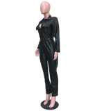 PU Leather Turndown Collar Pocket Jumpsuit ORY-5072
