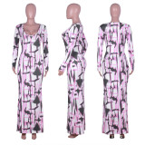 Sexy Printed Low Cut Long Sleeve Maxi Dresses NIK-024
