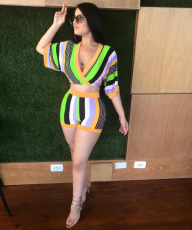 Blue Colorful Stripes Deep V Shorts Suits OY-5225